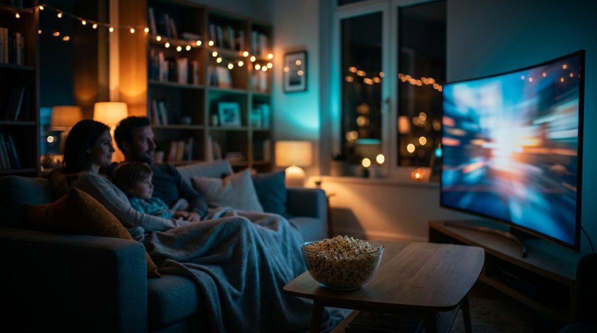 Mysig filmkväll i soffan framför en stor TV-skärm