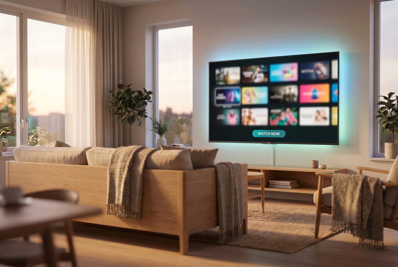 Modernt vardagsrum med en Smart TV som visar IPTV-appen med kanaler och filmer