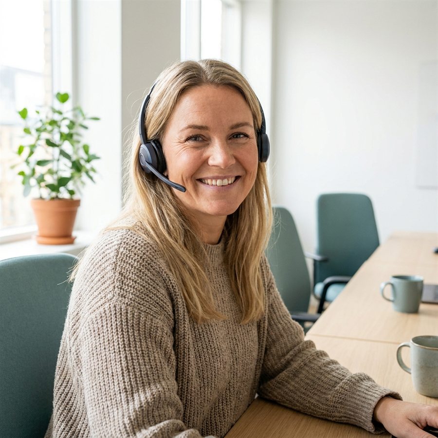 Kundtjänstmedarbetare med headset som hjälper kunder på svenska